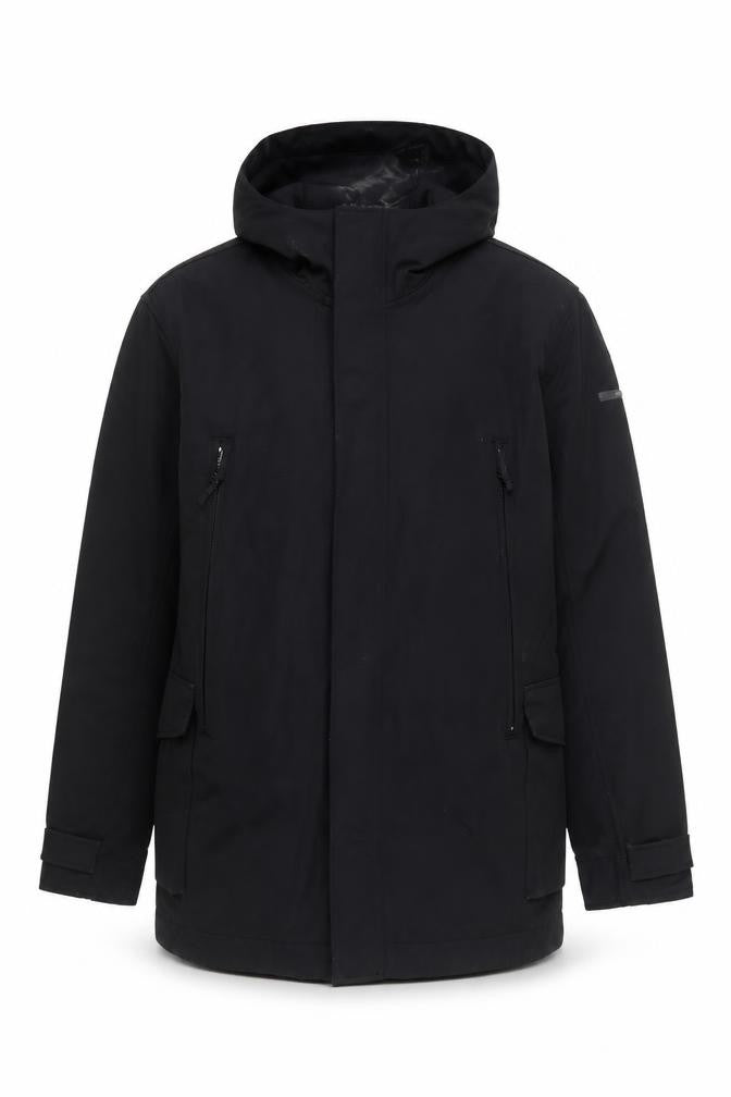 Front view of Duck and Cover Men's Black Hooded Parka Jacket, size M