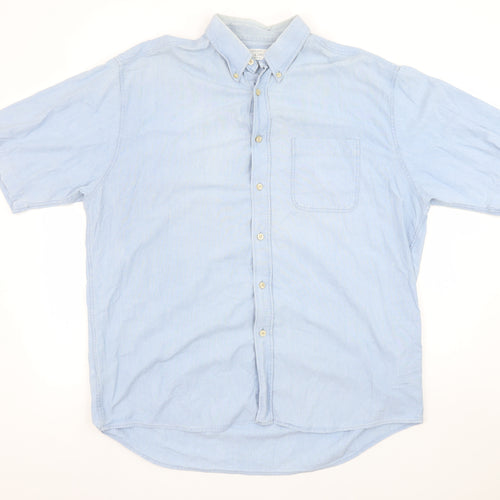 Marks and Spencer St Michael Men's Blue Short Sleeve Button-Up Shirt L