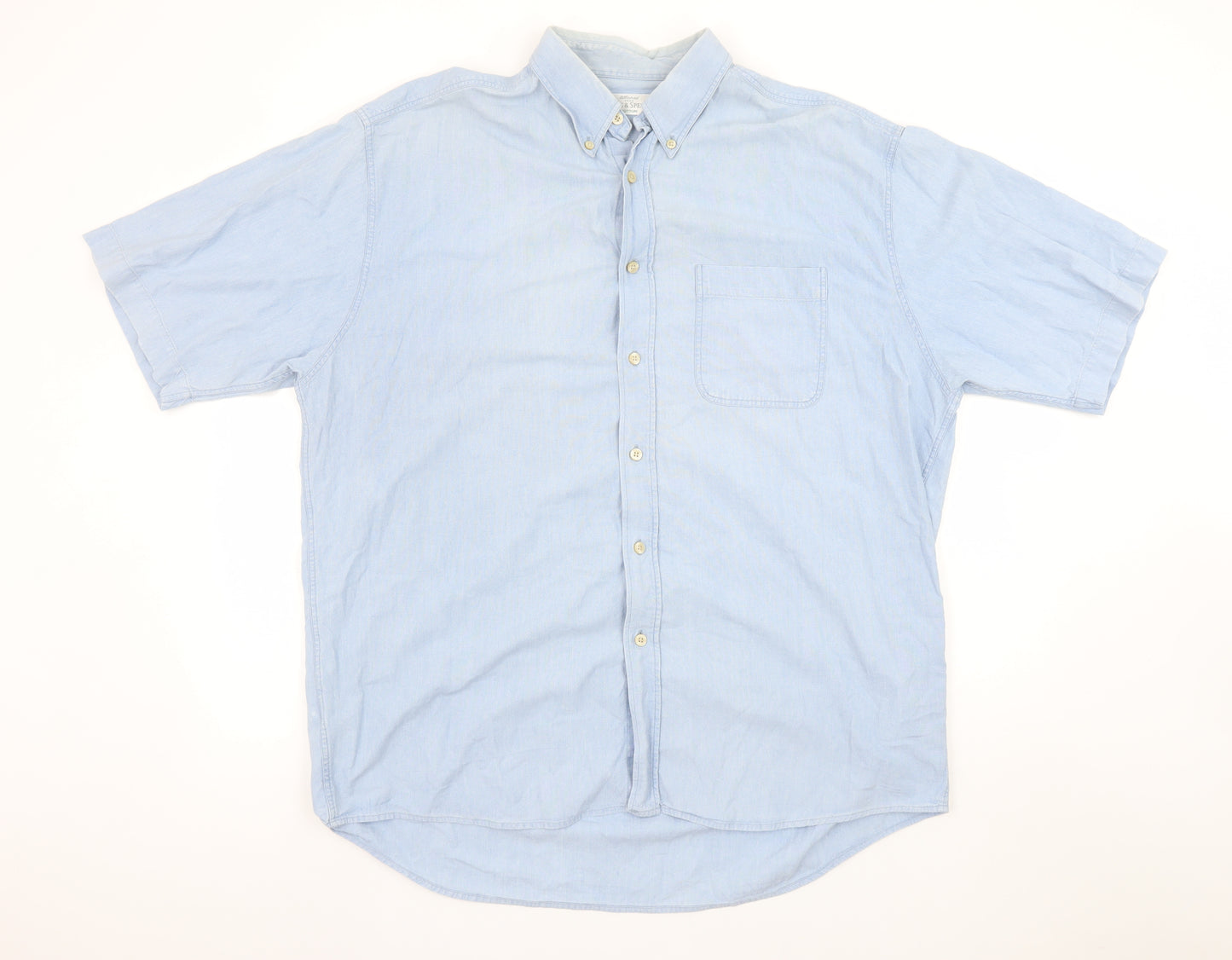 Marks and Spencer St Michael Men's Blue Short Sleeve Button-Up Shirt L