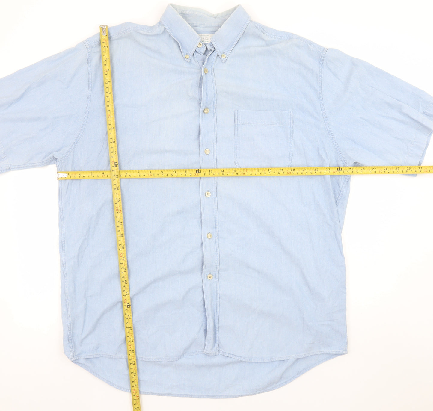 Marks and Spencer St Michael Men's Blue Short Sleeve Button-Up Shirt L
