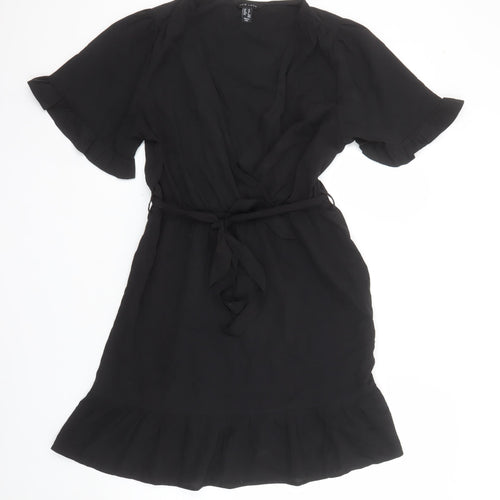 New Look Women Black Short Wrap Dress Size 10 Ruffle Hem