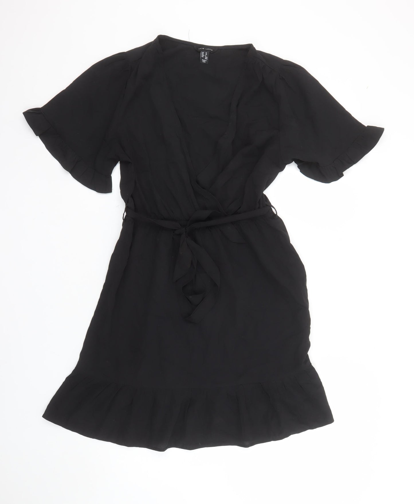 New Look Women Black Short Wrap Dress Size 10 Ruffle Hem