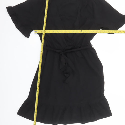 New Look Women Black Short Wrap Dress Size 10 Ruffle Hem