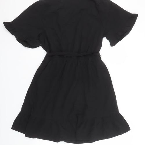 New Look Women Black Short Wrap Dress Size 10 Ruffle Hem