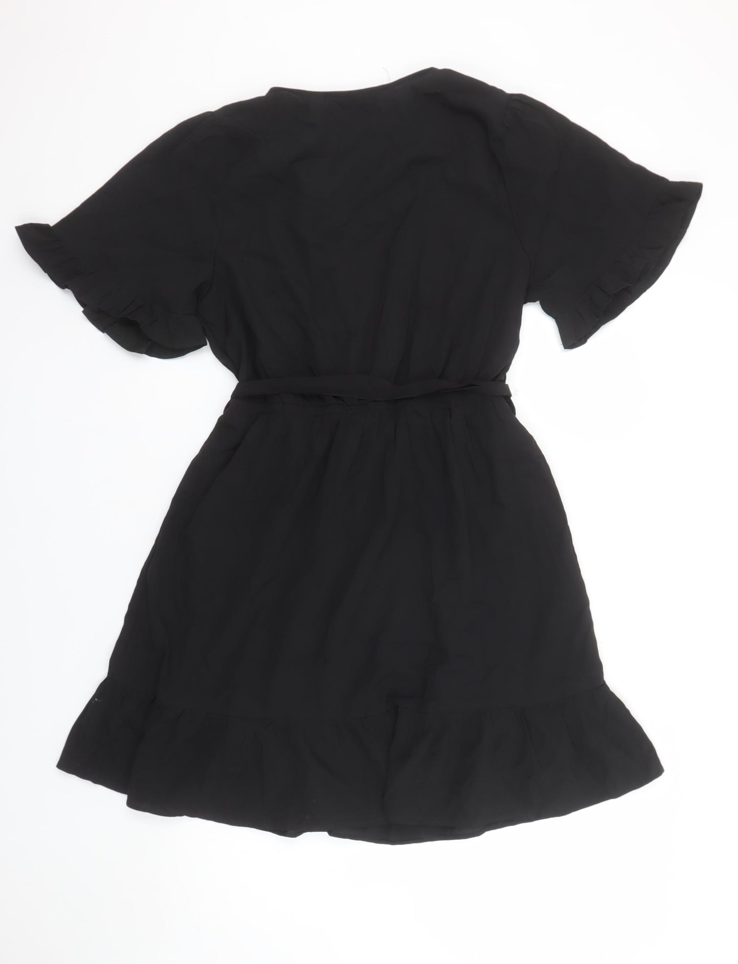 New Look Women Black Short Wrap Dress Size 10 Ruffle Hem