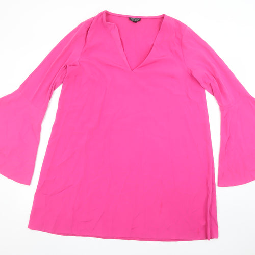 Topshop Women Pink Long Bell Sleeve V-Neck Shift Dress Size 14