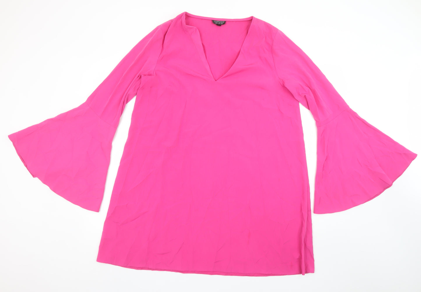 Topshop Women Pink Long Bell Sleeve V-Neck Shift Dress Size 14