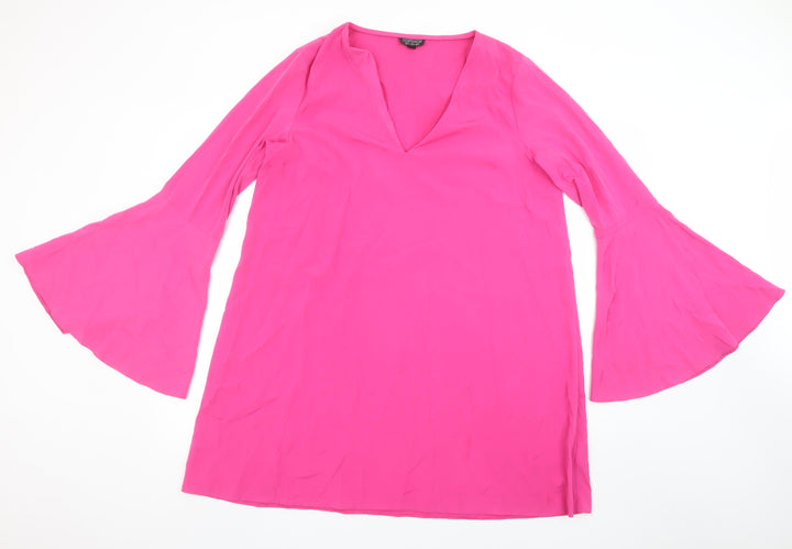 Topshop Women Pink Long Bell Sleeve V-Neck Shift Dress Size 14