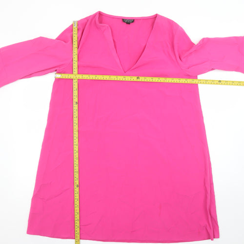 Topshop Women Pink Long Bell Sleeve V-Neck Shift Dress Size 14