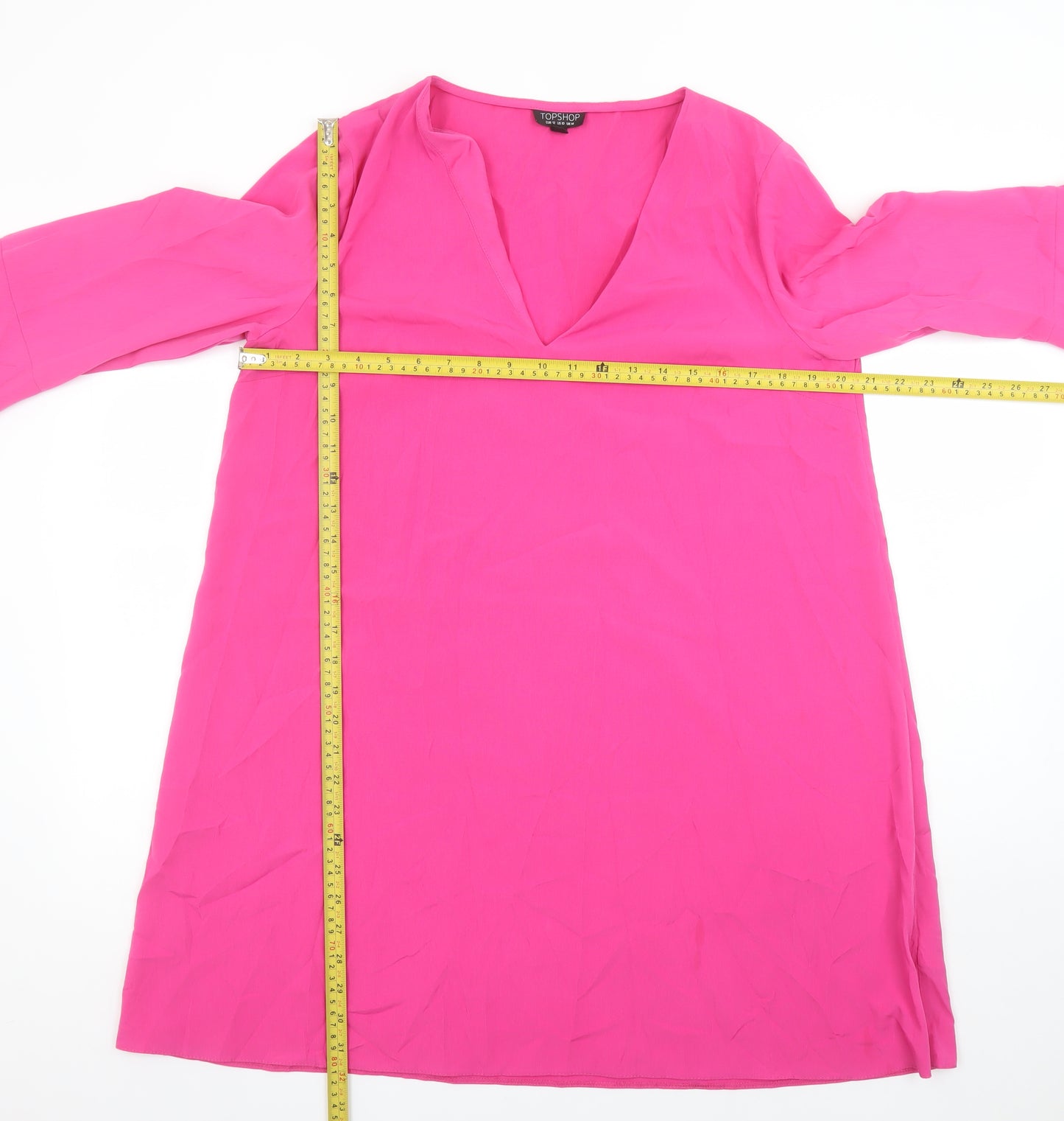 Topshop Women Pink Long Bell Sleeve V-Neck Shift Dress Size 14