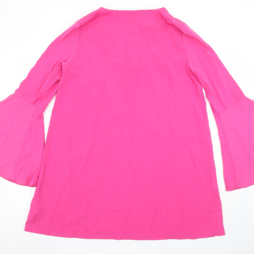Topshop Women Pink Long Bell Sleeve V-Neck Shift Dress Size 14