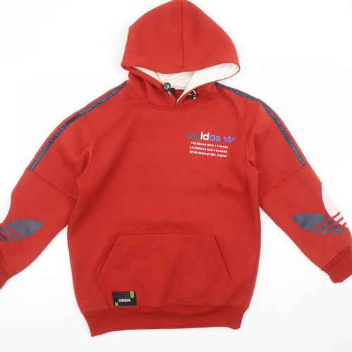 Adidas Boys Red Pullover Hoodie L Fleece Lined Sports Sweatshirt