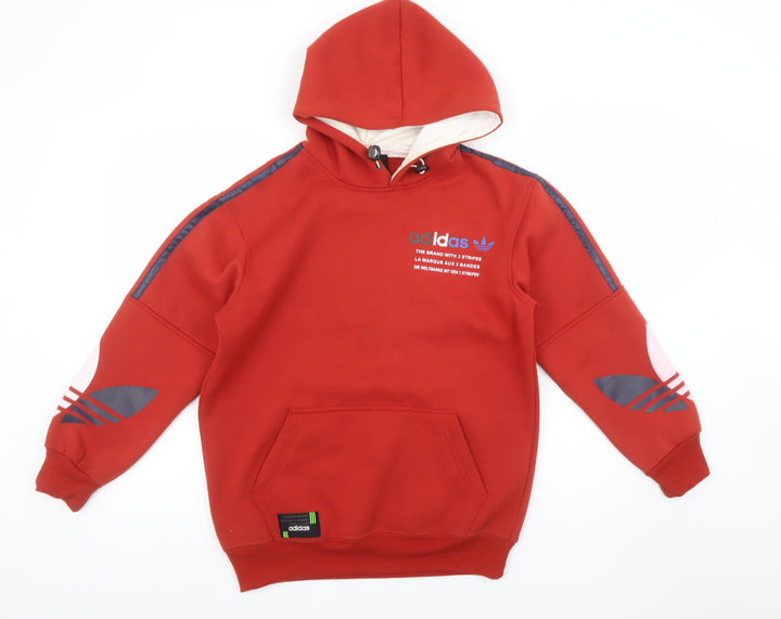 Adidas Boys Red Pullover Hoodie L Fleece Lined Sports Sweatshirt