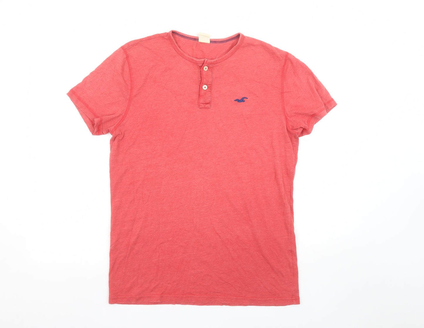 Hollister Men Red Henley Short Sleeve Cotton T-Shirt Size M