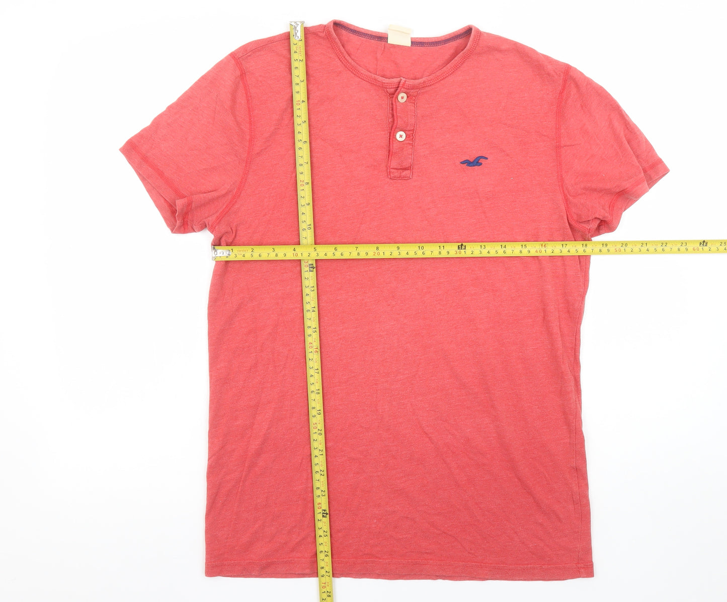 Hollister Men Red Henley Short Sleeve Cotton T-Shirt Size M