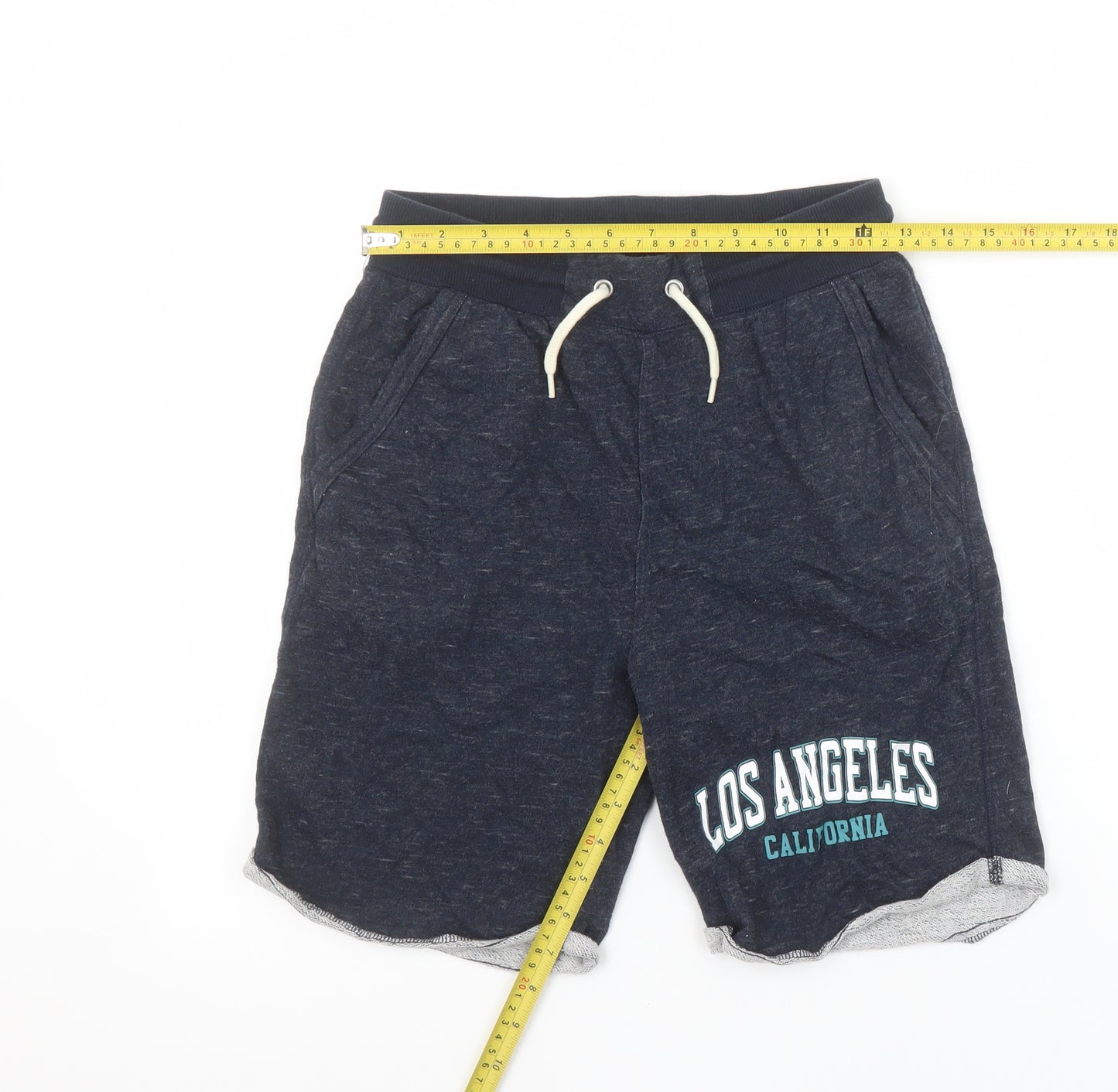 H&M Boys Navy Blue Sweat Shorts 11-12 Years Los Angeles Print Drawstring Waist