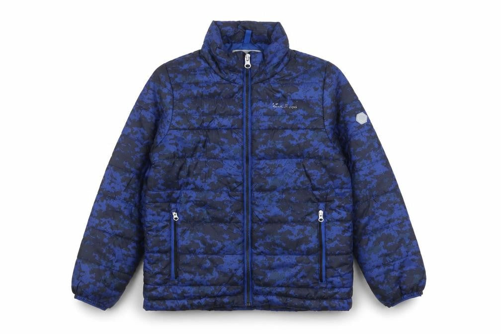 Front view of Regatta boys’ blue camouflage puffer jacket 7-8 years lightweight winter coat