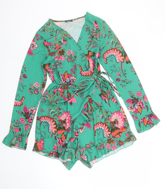 Boohoo Women’s Green Floral Wrap Long Sleeve Playsuit Size 10