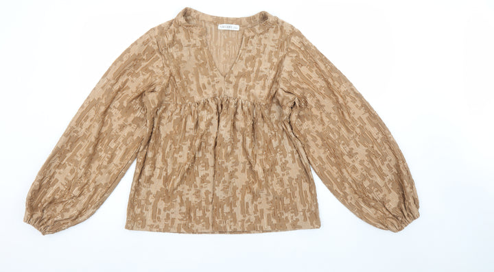 Gallery Women’s Beige V-Neck Tunic Blouse Long Sleeve Size S