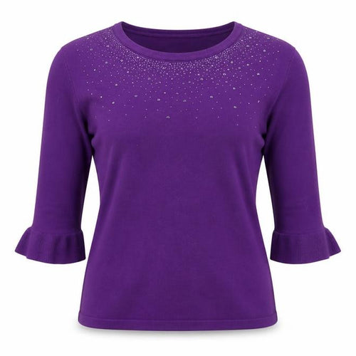 Bassini Women Purple Beaded 3/4 Sleeve Pullover Jumper M/L