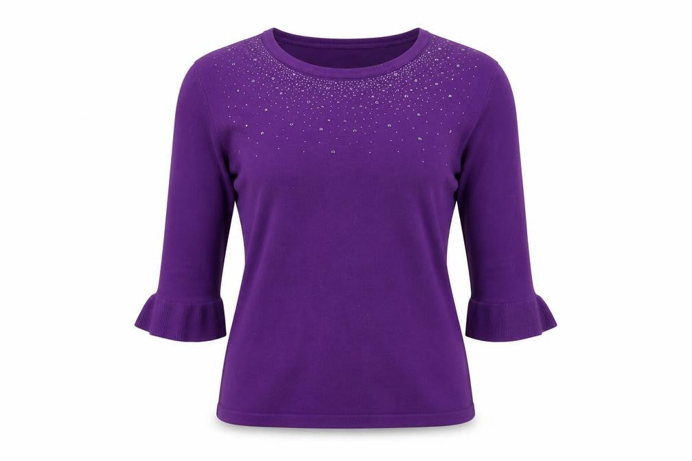 Bassini Women Purple Beaded 3/4 Sleeve Pullover Jumper M/L