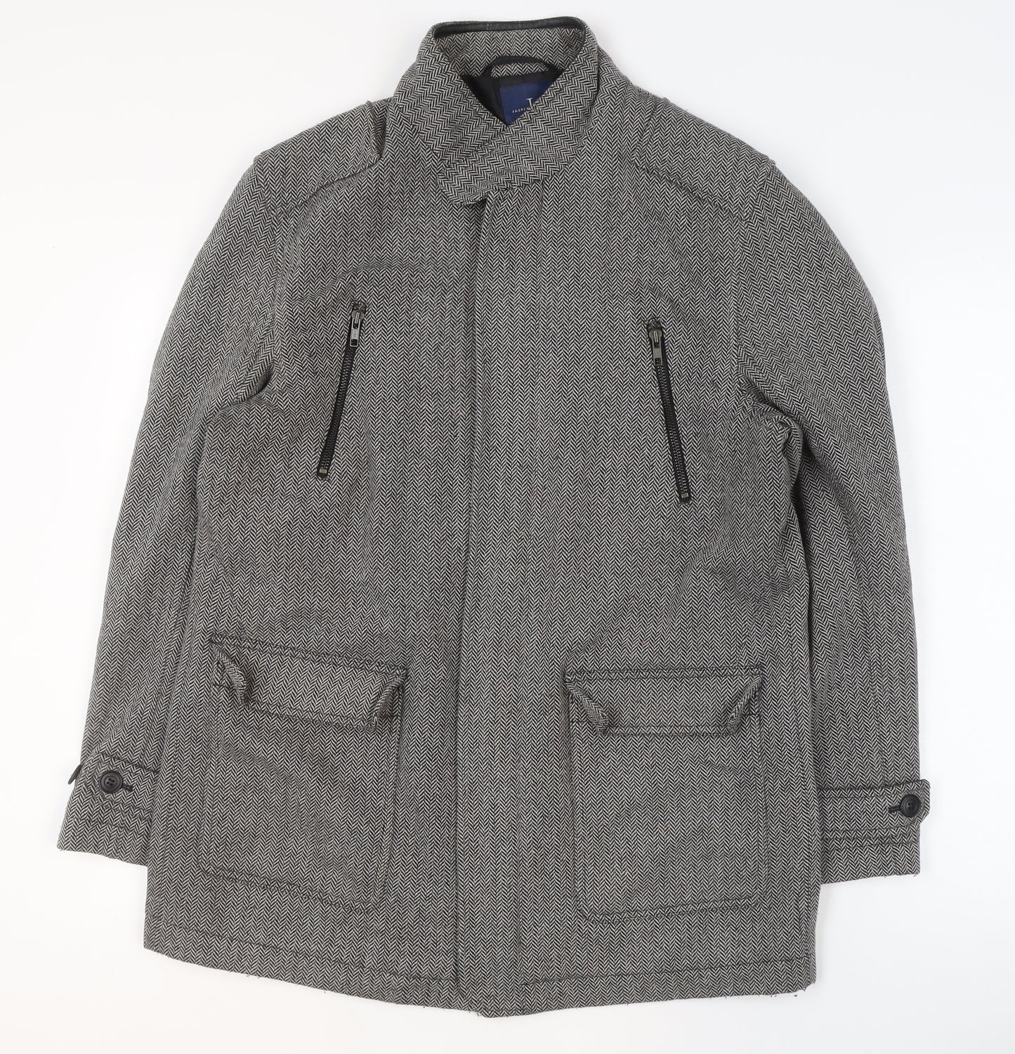 Jasper Conran Men's Grey Wool Blend Herringbone Mid-Length Jacket M
