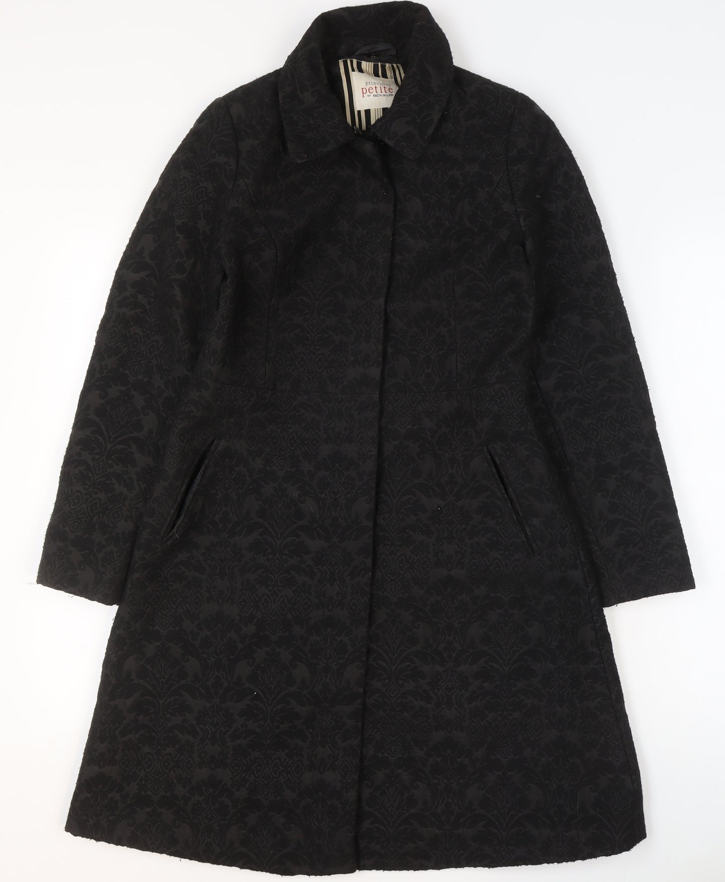 Principles Petite by Ben de Lisi Women's Black Floral Jacquard Long Coat Size 8