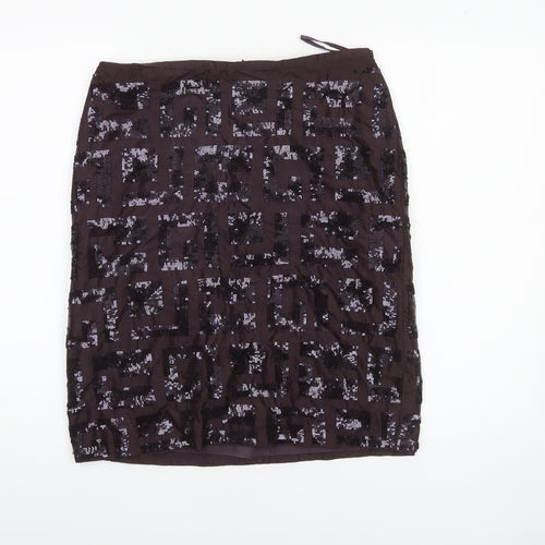 French Connection Women's Brown Sequin Silk Knee Length Pencil Skirt Size 12
