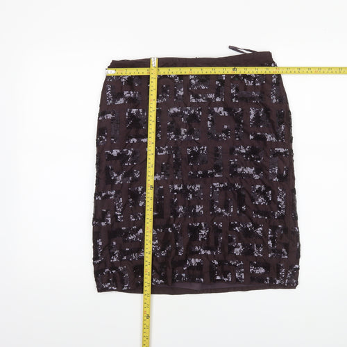 French Connection Women's Brown Sequin Silk Knee Length Pencil Skirt Size 12