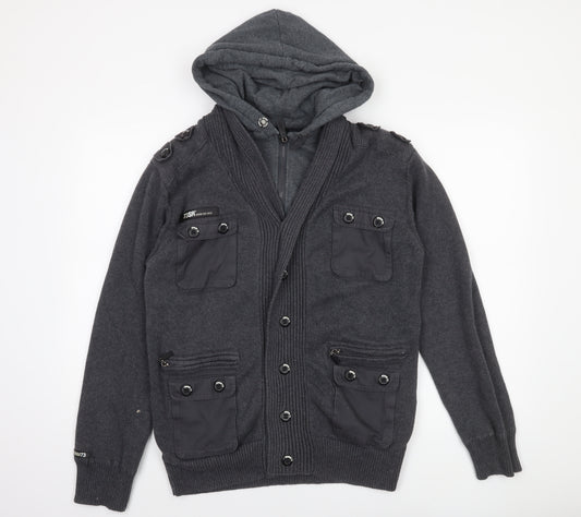 DNM:73 Men's Grey Hooded Button Cardigan Jumper Size L Cotton