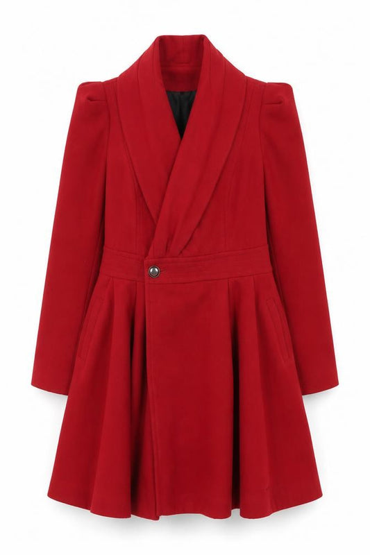 Front view of New Look Women Red Mid Length Coat, size 16, Buttoned Lined Overcoat