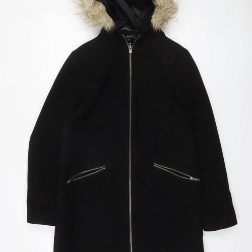 Therapy London Women’s Black Faux Fur Hooded Zip Mid-Length Coat Size 10