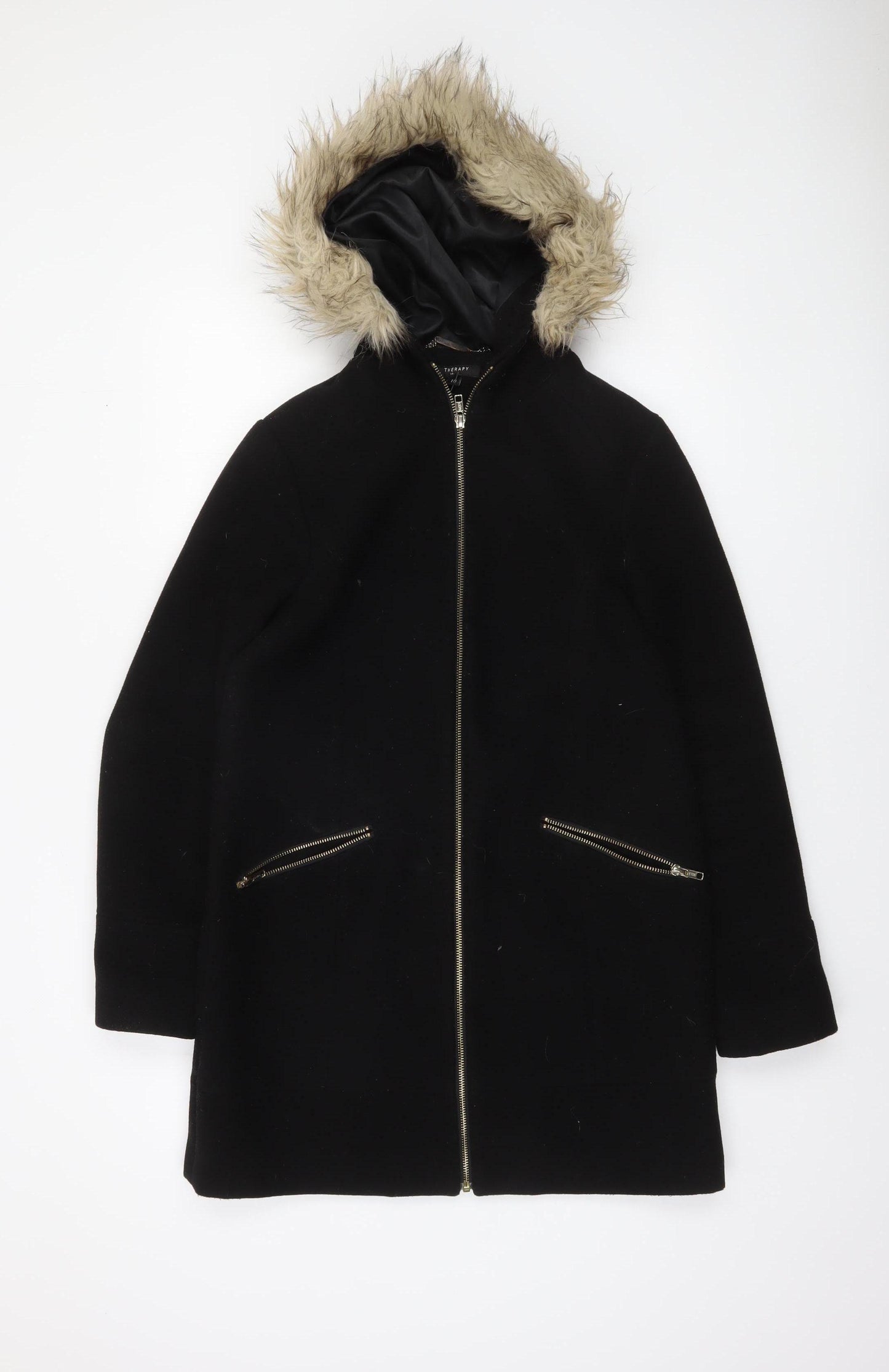 Therapy London Women’s Black Faux Fur Hooded Zip Mid-Length Coat Size 10