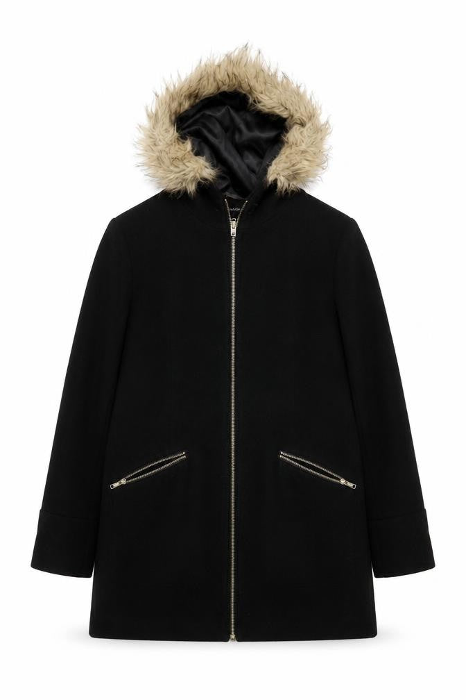 Therapy London Women’s Black Faux Fur Hooded Zip Mid-Length Coat Size 10