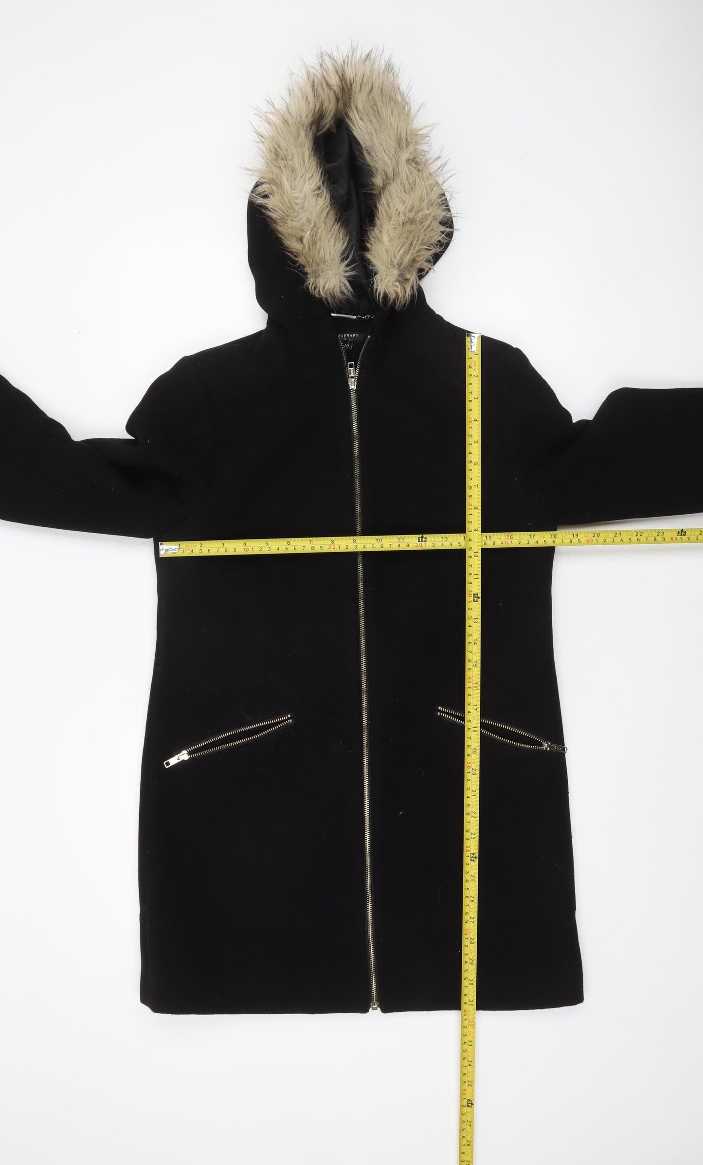 Therapy London Women’s Black Faux Fur Hooded Zip Mid-Length Coat Size 10