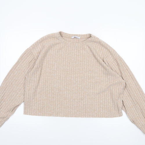 Zara Women Beige Cropped Knit Long Sleeve Sweater Top Size 12