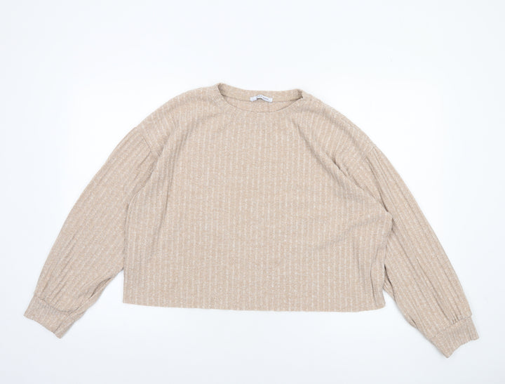 Zara Women Beige Cropped Knit Long Sleeve Sweater Top Size 12