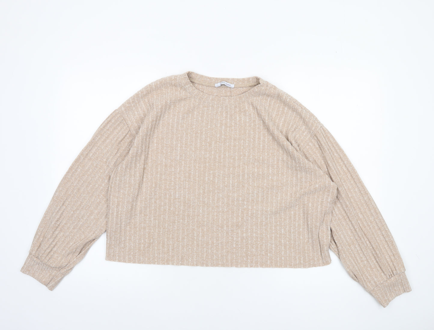 Zara Women Beige Cropped Knit Long Sleeve Sweater Top Size 12