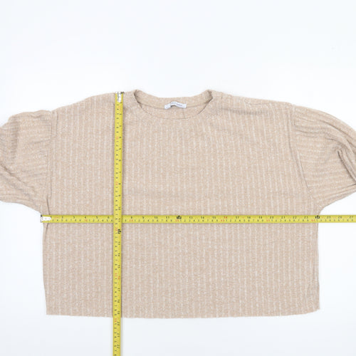 Zara Women Beige Cropped Knit Long Sleeve Sweater Top Size 12