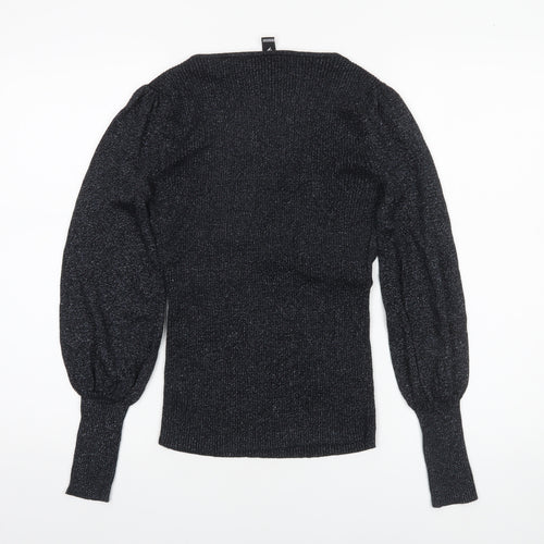 Windsor Women’s Black Glitter V-Neck Puff Sleeve Slim Jumper Size S