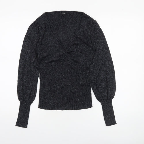 Windsor Women’s Black Glitter V-Neck Puff Sleeve Slim Jumper Size S