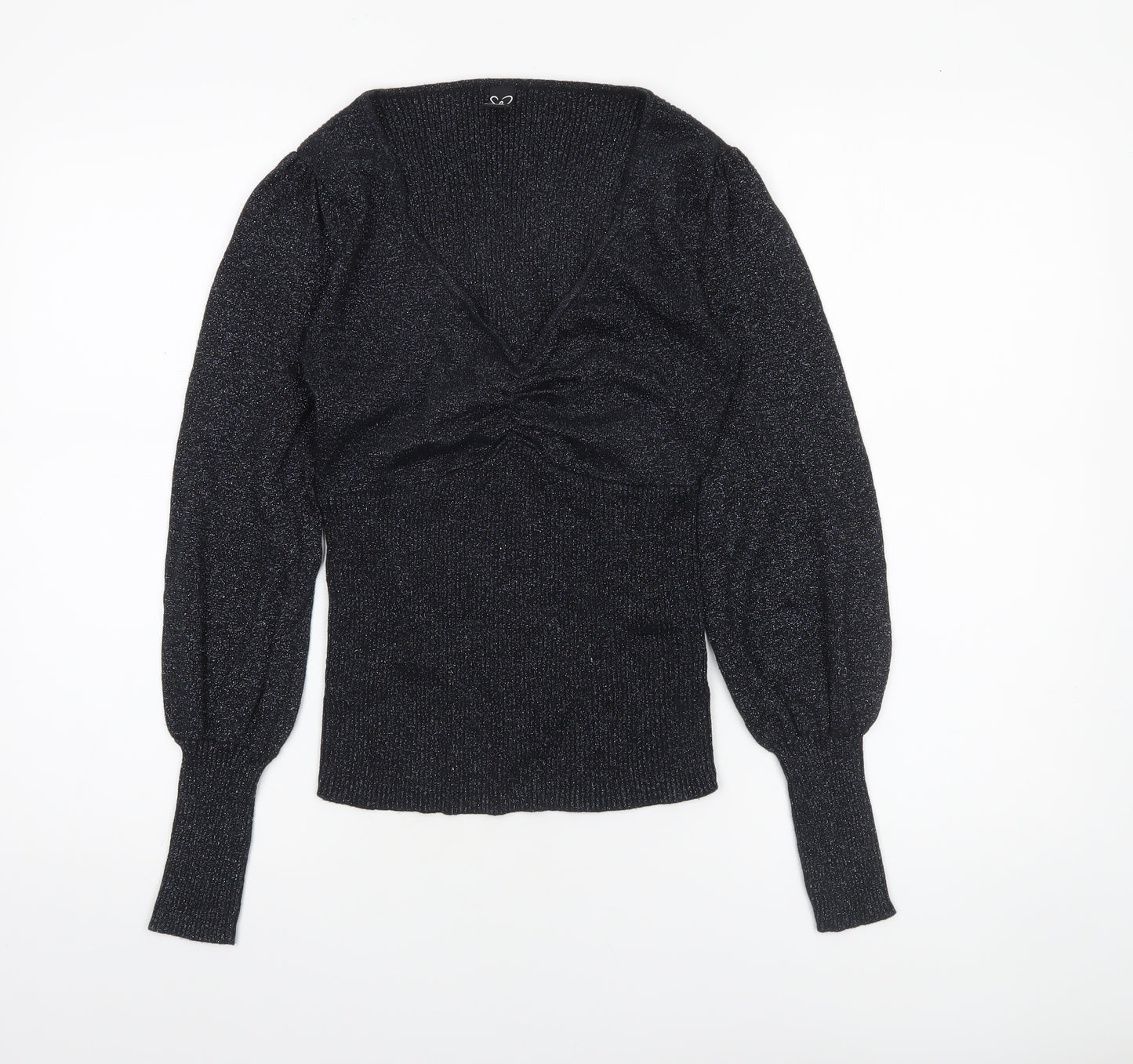 Windsor Women’s Black Glitter V-Neck Puff Sleeve Slim Jumper Size S