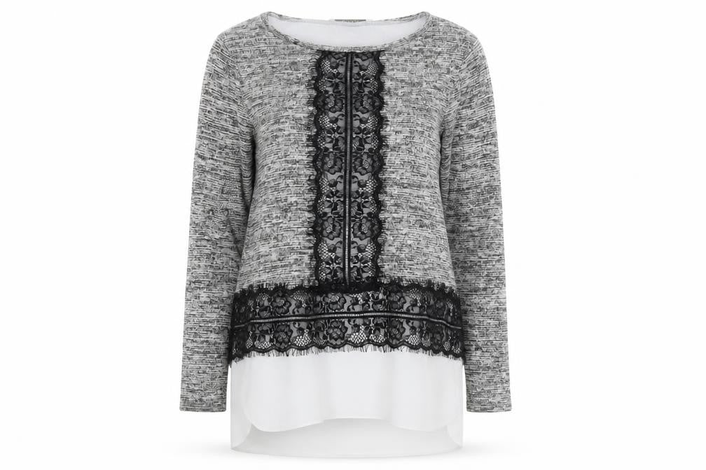 Front view of Oasis Women's Grey Lace Trim Knit Tunic Blouse, size 10