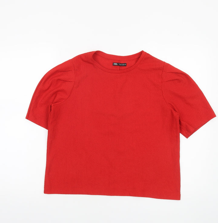 ZARA Women Red Short Sleeve Crew Neck Textured T-Shirt Size L