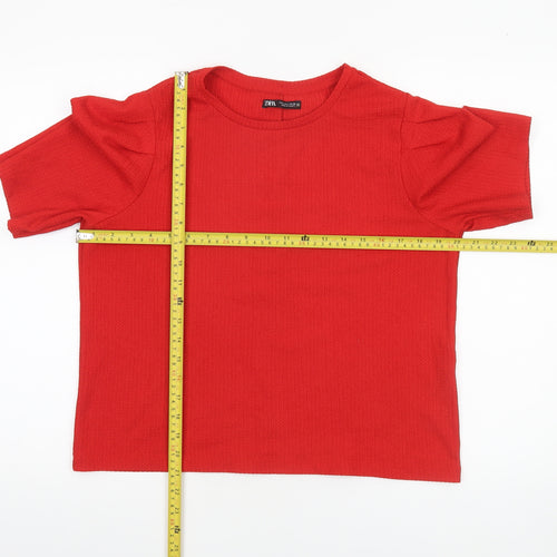 ZARA Women Red Short Sleeve Crew Neck Textured T-Shirt Size L