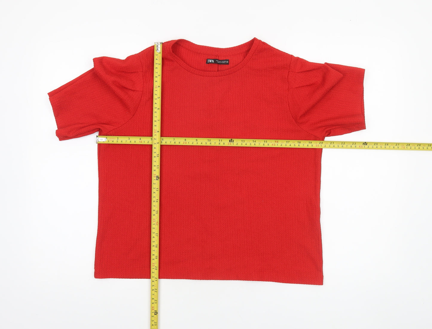ZARA Women Red Short Sleeve Crew Neck Textured T-Shirt Size L