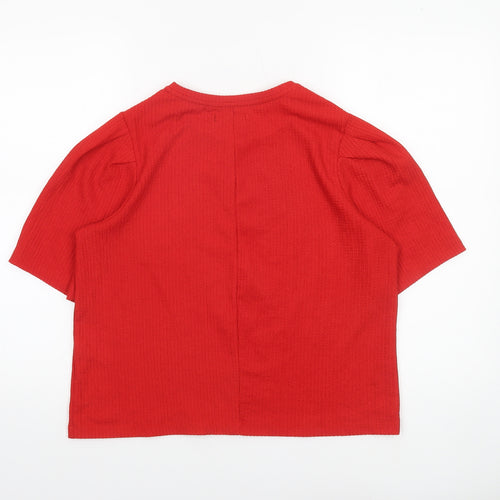 ZARA Women Red Short Sleeve Crew Neck Textured T-Shirt Size L