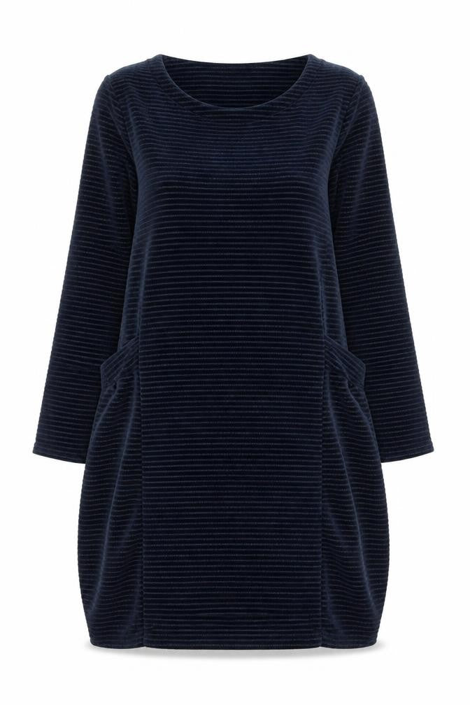 Front view of Golden Spiderweb Women's Blue Striped Velour Shift Dress XS