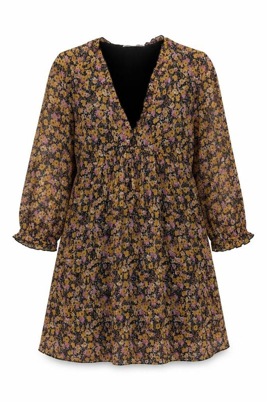 Front view of Zara women’s multicoloured floral a-line knee length dress, size UK 12
