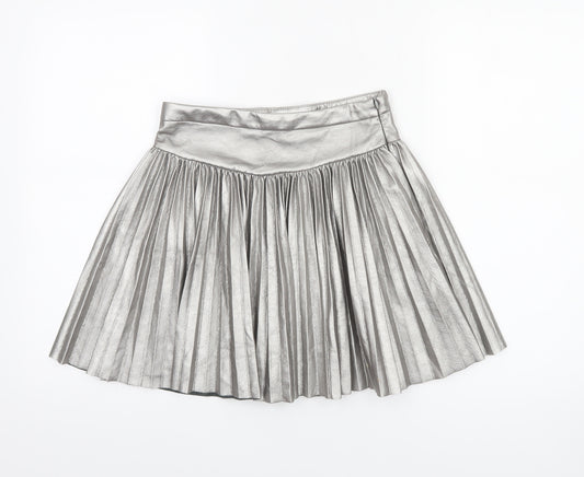 Front view of Zara girls’ silver pleated faux leather short skirt 13-14 years